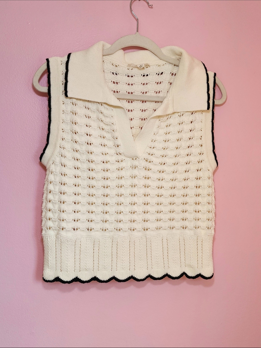 Cream Crochet Sweater Vest Contrast Scalloped Hem Women's Large Cotton Old Money - Picture 4 of 9